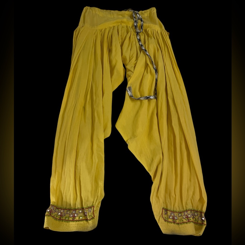 Yellow pleated embroidered boho bohemian hippie harem drawstring pants one size
